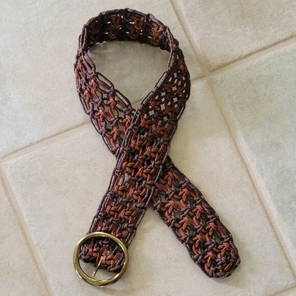 Macrame Leather and Rope Boho Woven Belt with Round Gold Tone Buckle Y2K - Picture 9 of 9